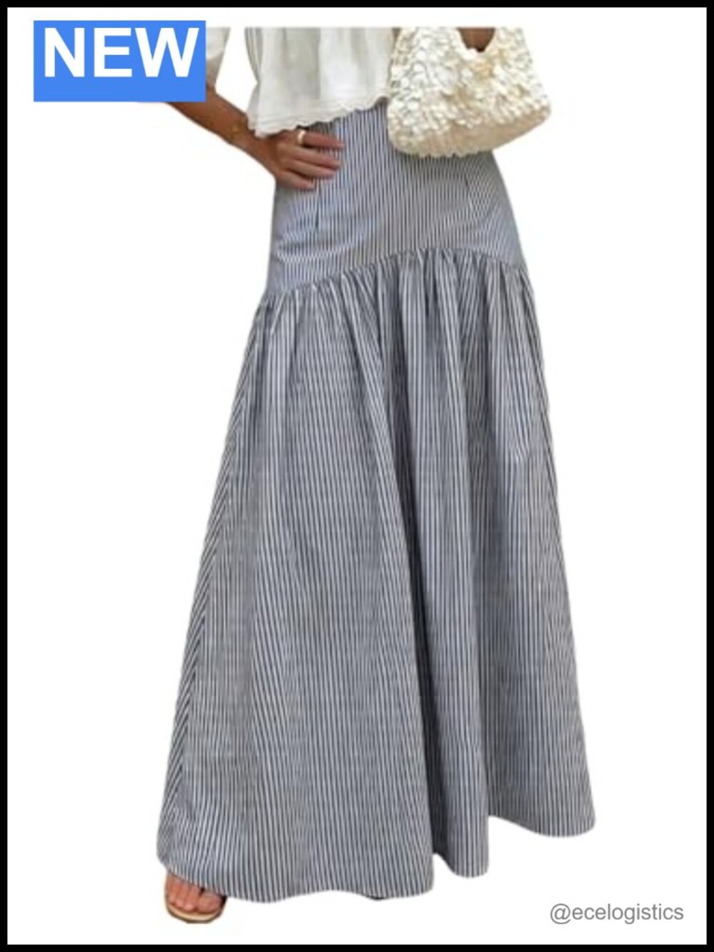 Women's Striped Maxi Skirt High Waist Ruffle Flare Long A-Line Flowy Casual